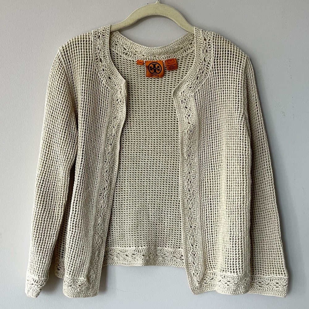 Tory Burch Tan Crochet Open Cardigan Sweater Size XS